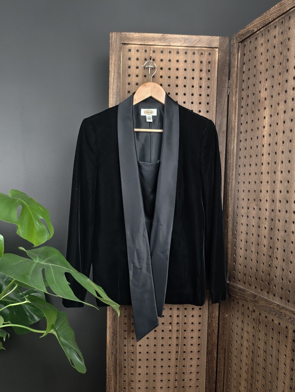 Vintage Talbots Black Rayon Velvet Blazer with Satin Lapel and mock camisole